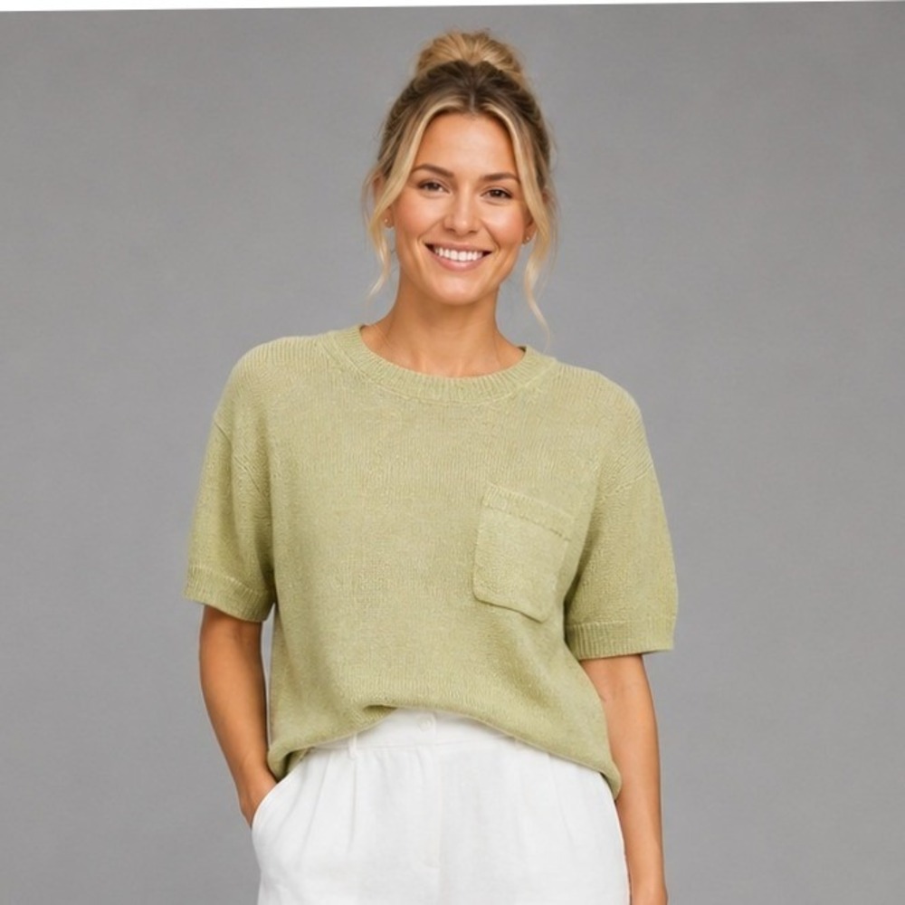 J.Crew Sweater Tee Womens Size XS Relaxed Linen Blend Pocket Green Knit Top NWT